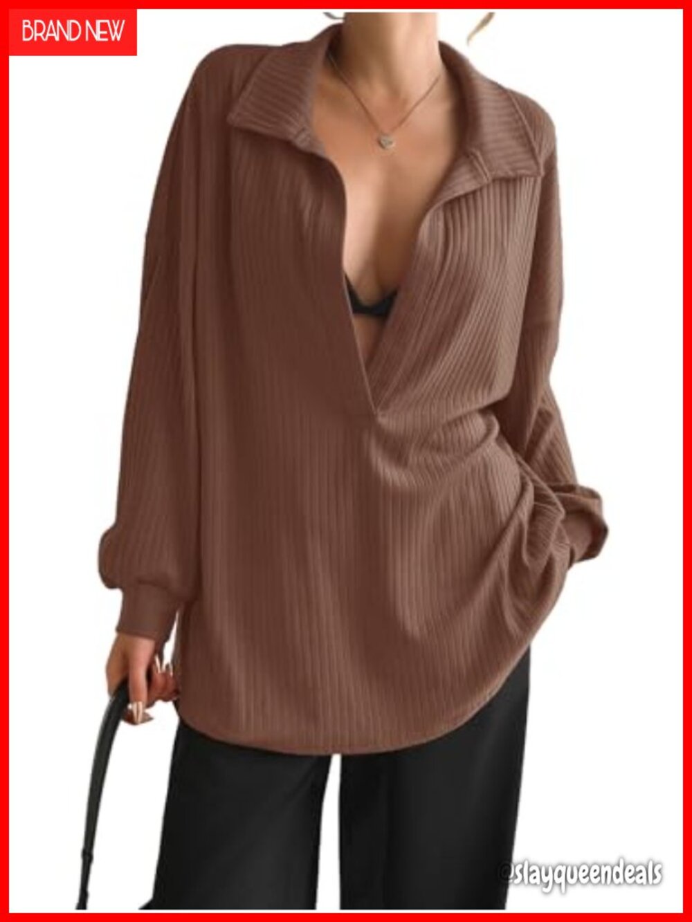 Oversized Deep V Neck Ribbed Knit Pullover Sweatshirt Casual Long Sleeve Top